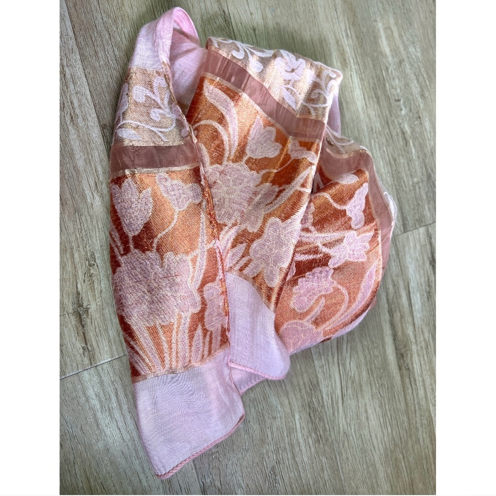 🆕 Fine woven scarf: long, soft in pink, copper & gold w/arabesques & flowers